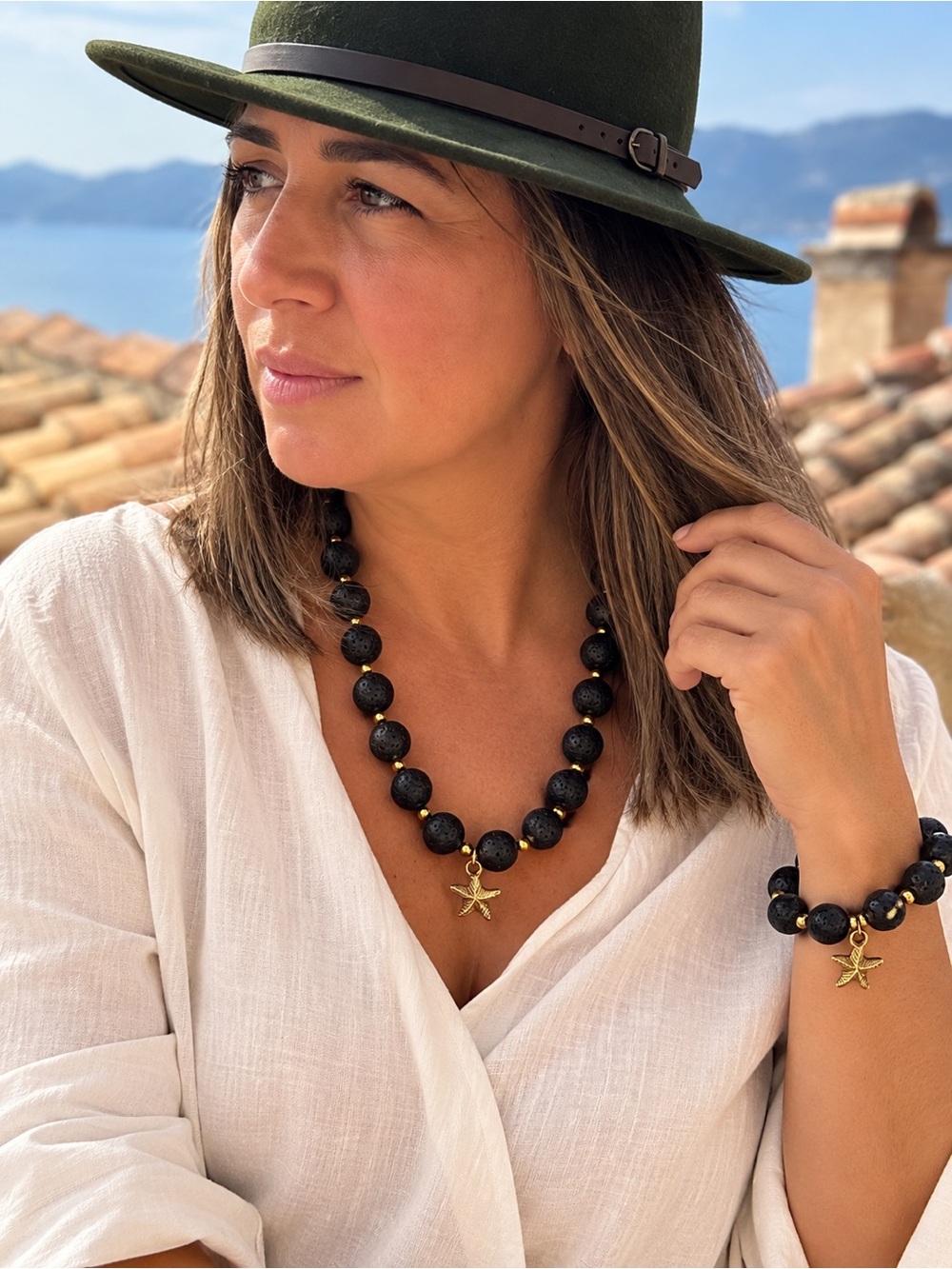 Black Lava Stone Aromatherapy Necklace & Bracelet Set Starfish Gold 20mm